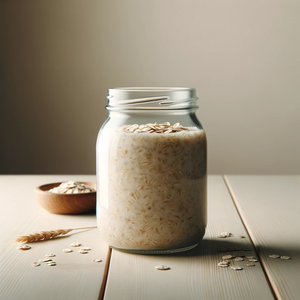 A simple and elegant presentation of overnight oats in a clear glass jar, set against a soft, neutral background on a light wooden table. The creamy texture of the soaked oats is visible, embodying the essence of minimalism and the health benefits of oatmeal. This image captures the concept of simplicity in healthy eating, perfect for a blog post about nutritious and straightforward meals