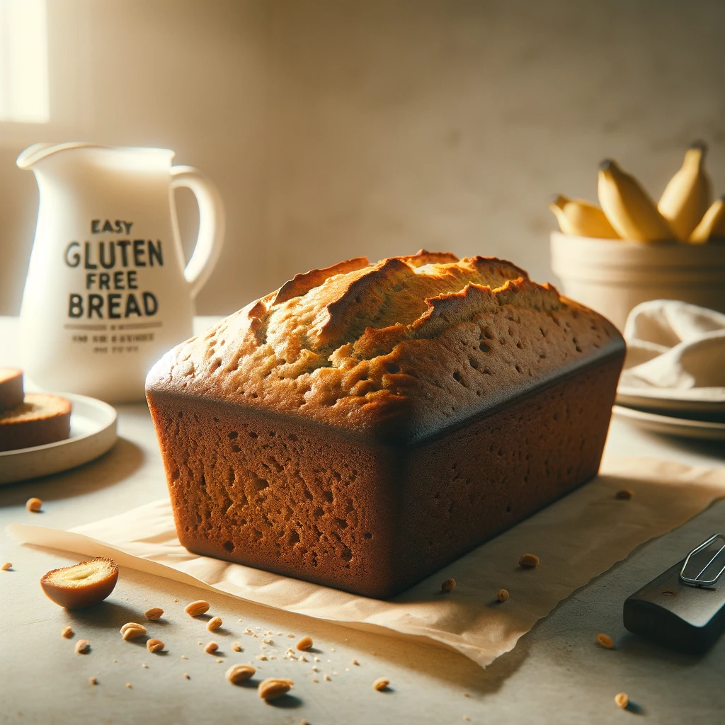 A freshly baked loaf of easy gluten-free banana bread sits prominently on a kitchen counter, showcasing its golden-brown crust and tempting aroma. The setting is minimalistic, emphasizing the bread's homemade warmth and simplicity. This image embodies the joy of baking at home, inviting beginner bakers to try their hand at creating delicious, comforting bread. The scene is a testament to the straightforward and rewarding process of gluten-free baking, perfect for those looking to explore the world of home-baked goods