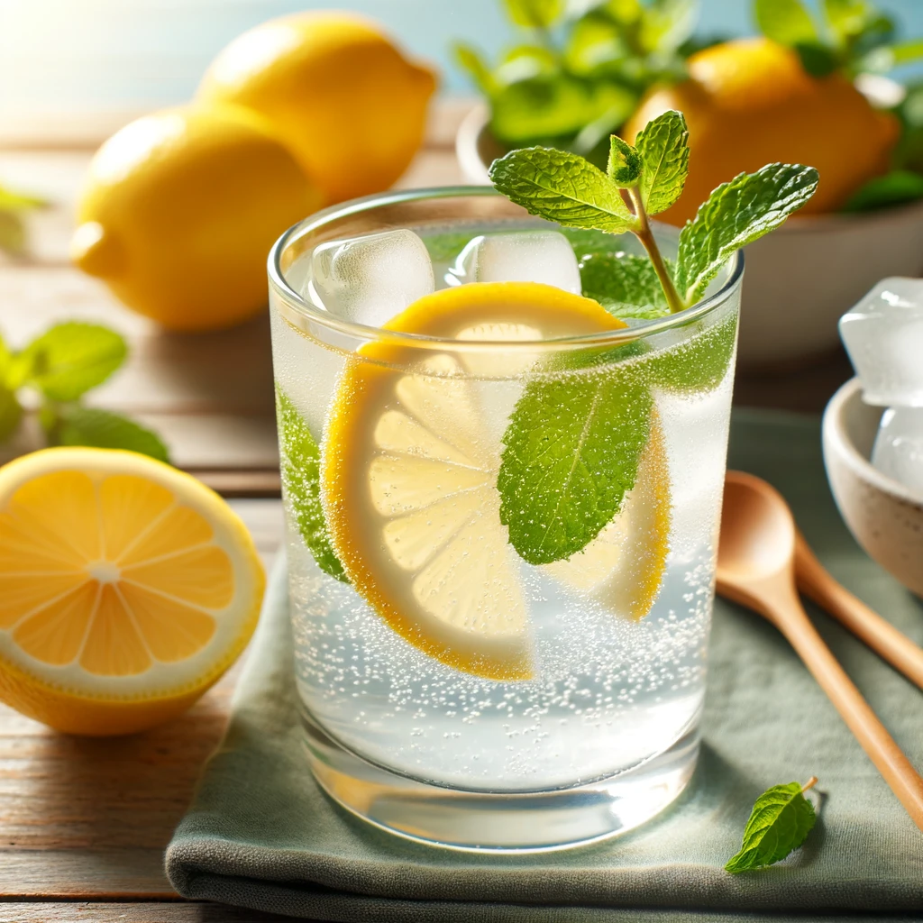 An invigorating glass of homemade lemonade electrolyte drink sits on a wooden table, bathed in soft sunlight. The clear glass is filled with a fizzy, pale yellow liquid, signaling refreshment. A slice of bright lemon clings to the rim, while a sprig of verdant mint peeks out from the top. Ice cubes within the glass hint at the cool, quenching experience to come. In the background, a bowl of ripe lemons and loose mint leaves adds to the fresh, wholesome vibe, perfect for a gluten-free joy blog post