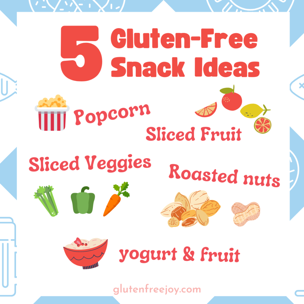 An infographic titled '5 Gluten-Free Snack Ideas' presents a list with colorful illustrations on a light blue patterned background. The snacks include 'Popcorn' with an image of a red and white striped popcorn box, 'Sliced Veggies' accompanied by illustrations of green celery, a green bell pepper, and an orange carrot, 'Sliced Fruit' shown with a red apple, a yellow lemon, and a red strawberry, 'Roasted nuts' with images of almond and peanut, and 'Yogurt & Fruit' depicted with a bowl of yogurt topped with a strawberry. Below the list is the website 'glutenfreejoy.com' in red text.